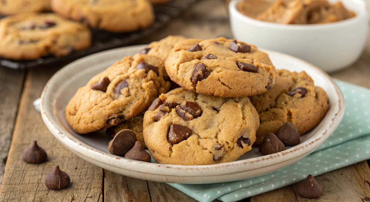 A plate of chewy, healthy peanut butter chocolate chip cookies