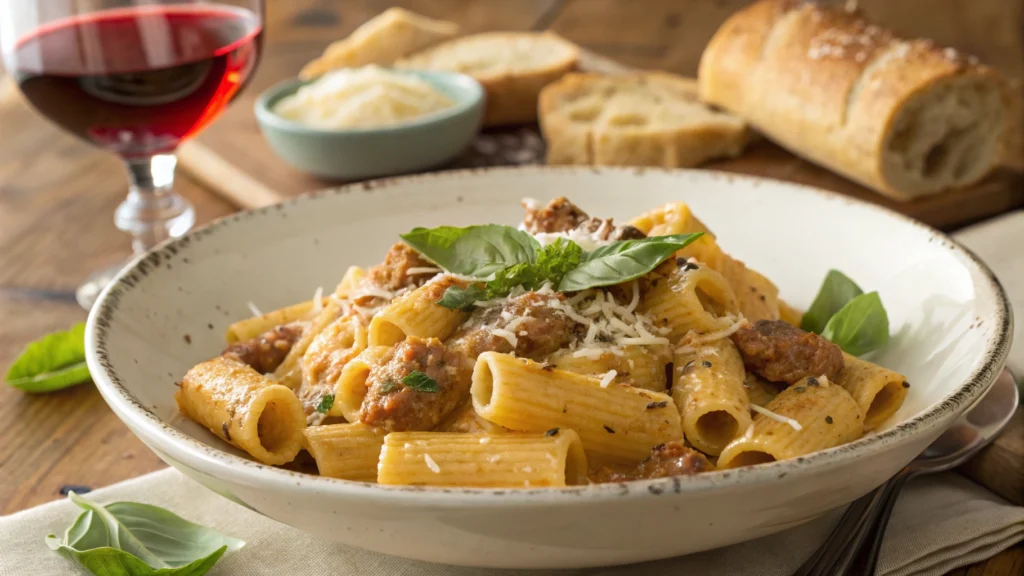 A beautifully plated dish of creamy sausage rigatoni served in a rustic white bowl. The rigatoni is generously coated in a luscious, golden cream sauce with specks of savory sausage crumbles. Freshly grated Parmesan cheese is sprinkled on top, melting slightly into the sauce. Vibrant green basil leaves add a pop of color, while a side of garlic bread rests on a wooden table, completing the scene.