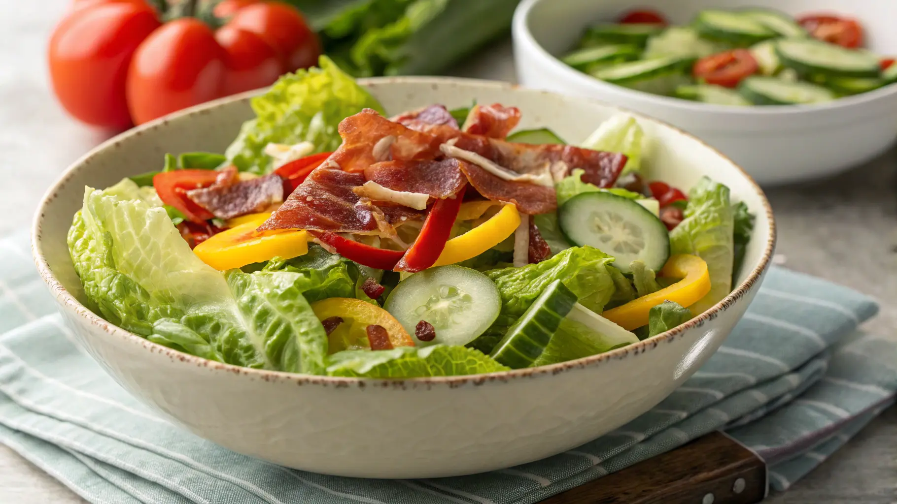 A bowl of romaine salad with crispy prosciutto and fresh vegetables