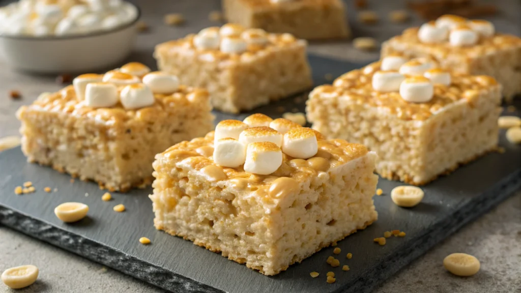 A close-up of homemade Rice Krispie Treats, showcasing their crispy, gooey texture with a golden marshmallow coating on top