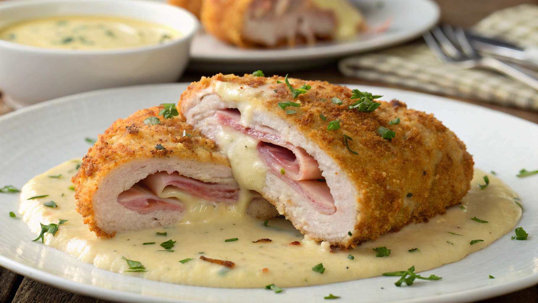 A golden, crispy Chicken Cordon Bleu sliced to reveal layers of tender chicken, savory ham, and melted cheese, served with a creamy sauce