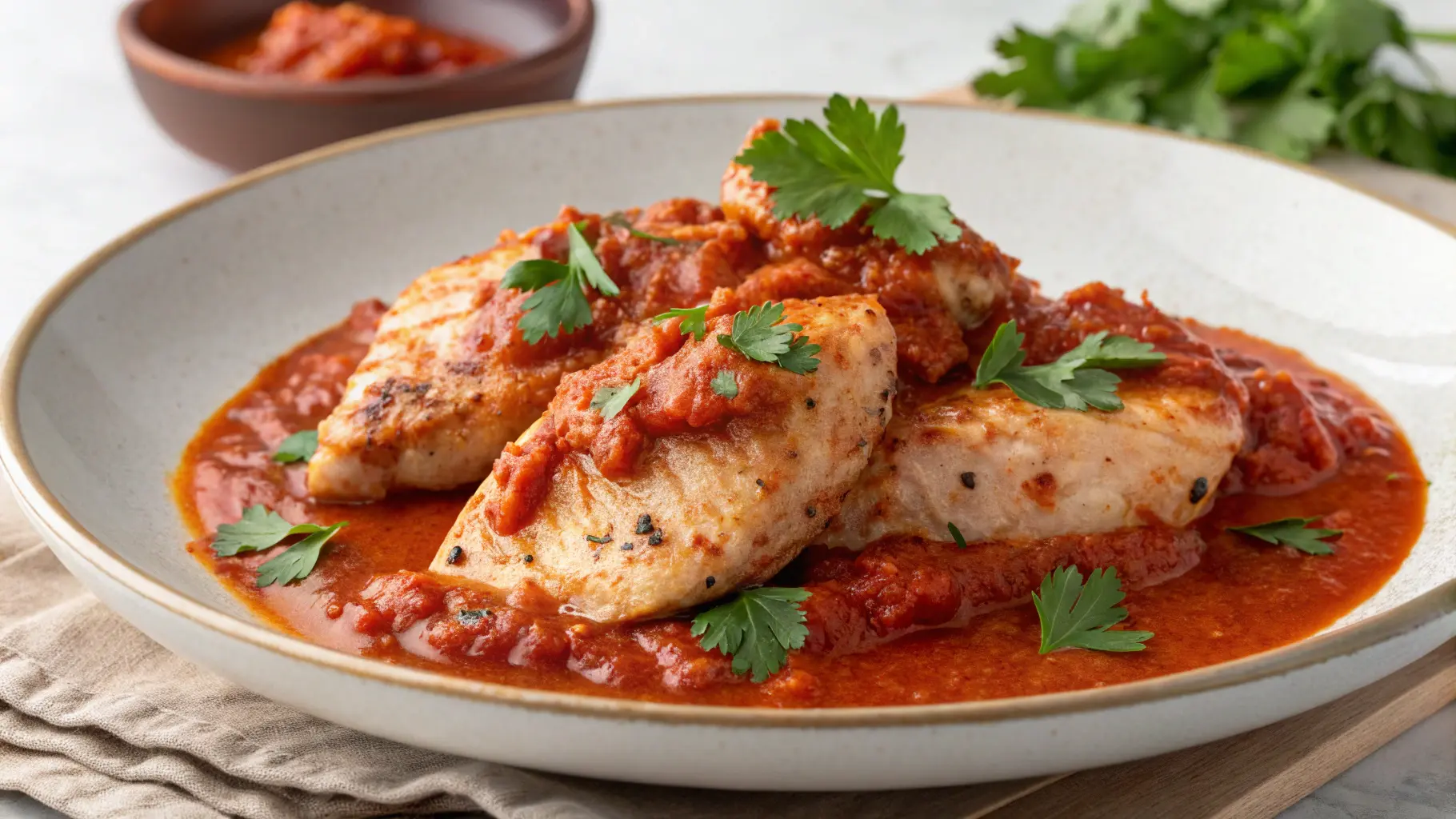 A plate of chicken cooked with harissa sauce.