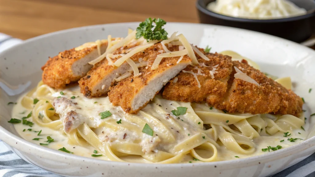 A plate of Crispy Chicken Alfredo Bliss, featuring golden, crispy chicken strips on a bed of creamy Alfredo pasta, garnished with fresh parsley and Parmesan cheese