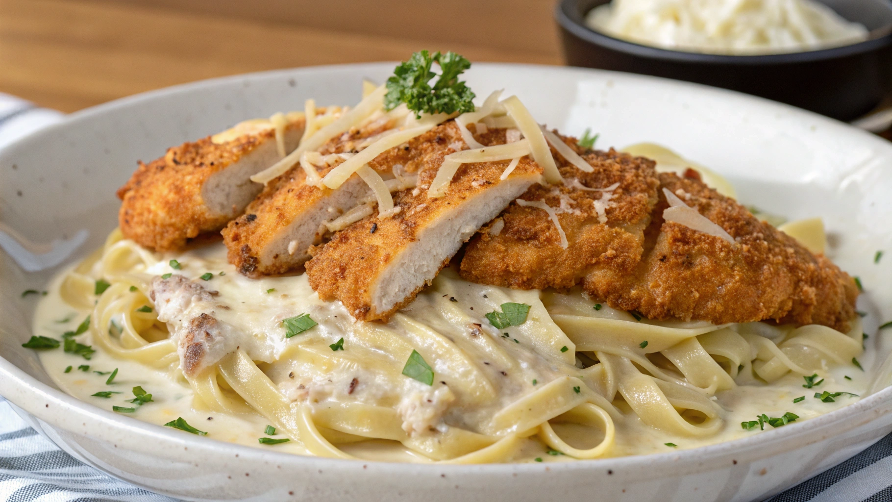 A plate of Crispy Chicken Alfredo Bliss, featuring golden, crispy chicken strips on a bed of creamy Alfredo pasta, garnished with fresh parsley and Parmesan cheese