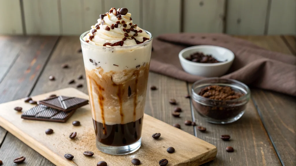 An image of a tall glass of mocha iced coffee placed on a wooden table. The coffee is beautifully layered, showing dark chocolate syrup at the bottom, creamy milk in the middle, and rich coffee at the top, all topped with a swirl of whipped cream and chocolate shavings.