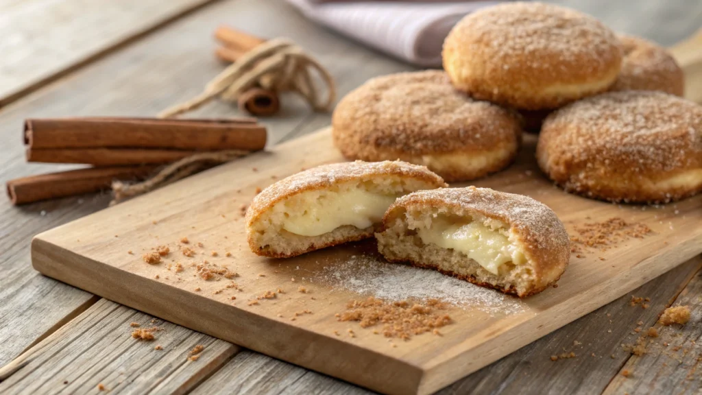 churro cheesecake cookies coated in cinnamon sugar, with one cookie broken in half to reveal a creamy cheesecake filling. The cookies are placed on a rustic wooden surface with a dusting of cinnamon sugar around them.