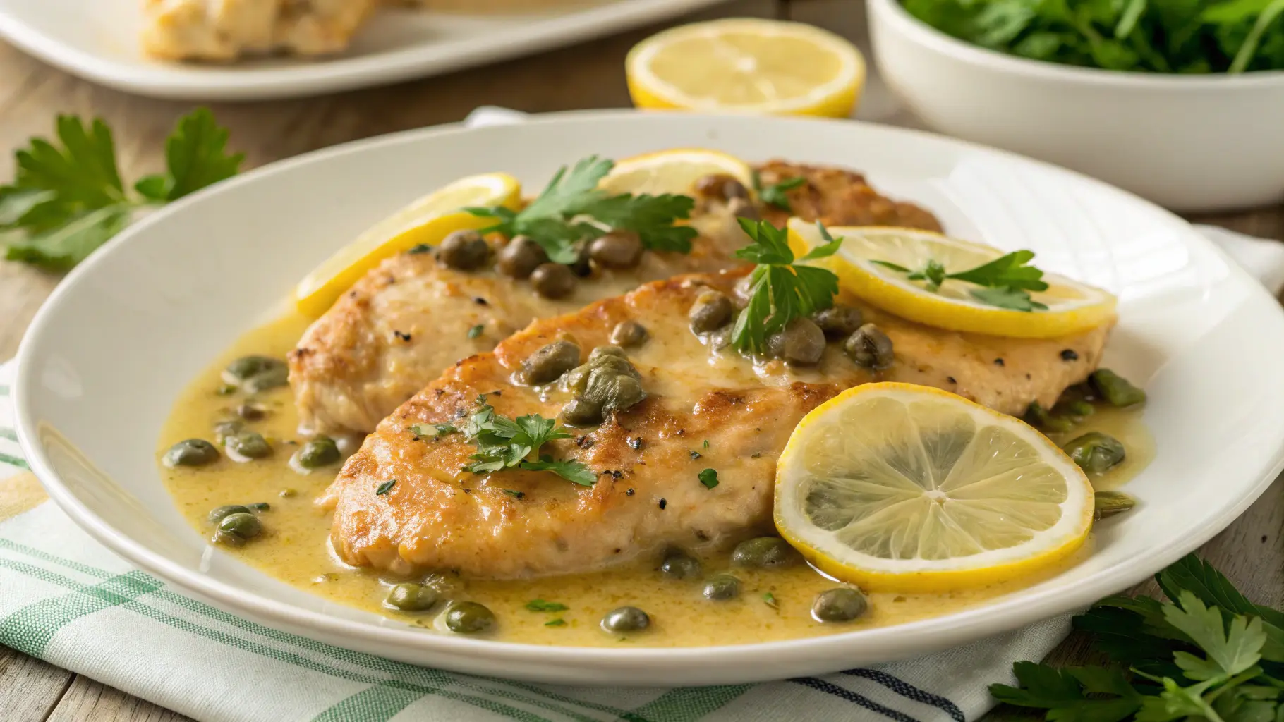 Delicious crockpot chicken piccata served with a tangy lemon-caper sauce, garnished with fresh parsley and lemon slices.