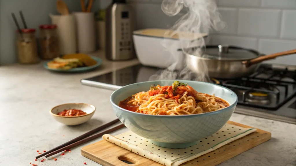 A bowl of spicy Buldak Ramen topped with green onions and sesame seeds