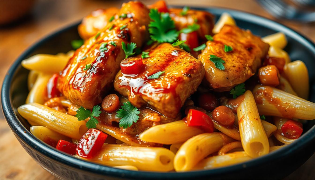 A plate of honey pepper chicken panini pasta featuring tender chicken, a golden-brown grilled panini, and pasta tossed in a rich honey-pepper sauce.