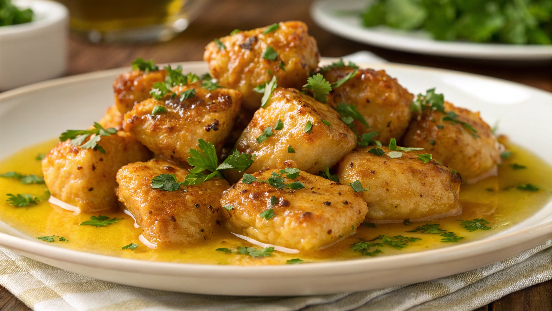 garlic butter chicken bites, glistening with a rich, buttery garlic sauce, garnished with fresh parsley for a vibrant finish.