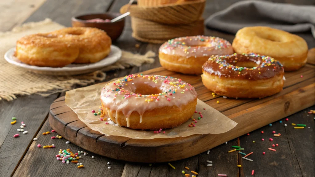 Golden brown fried donuts topped with a glossy glaze and colorful sprinkles, freshly made and arranged on a rustic wooden table