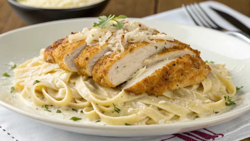 Golden, crispy chicken sliced on top of creamy Alfredo pasta, garnished with fresh parsley and grated Parmesan, served on a white plate.