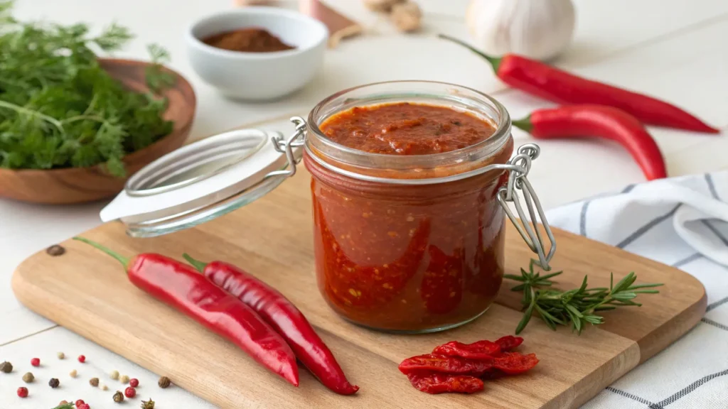 Homemade harissa sauce in a jar with red chilies