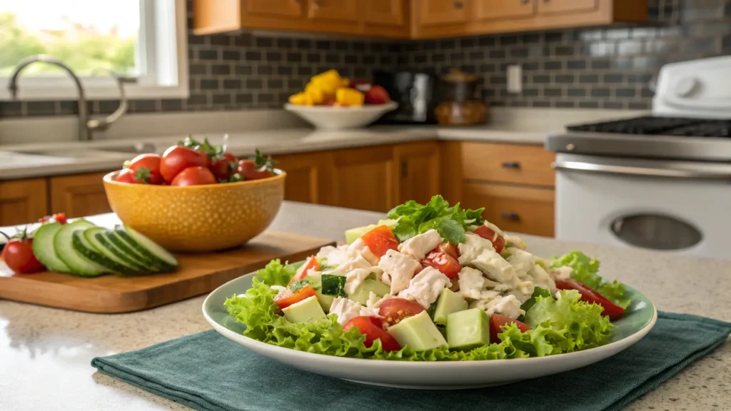 Plate of fresh crab salad with vegetables and dressing