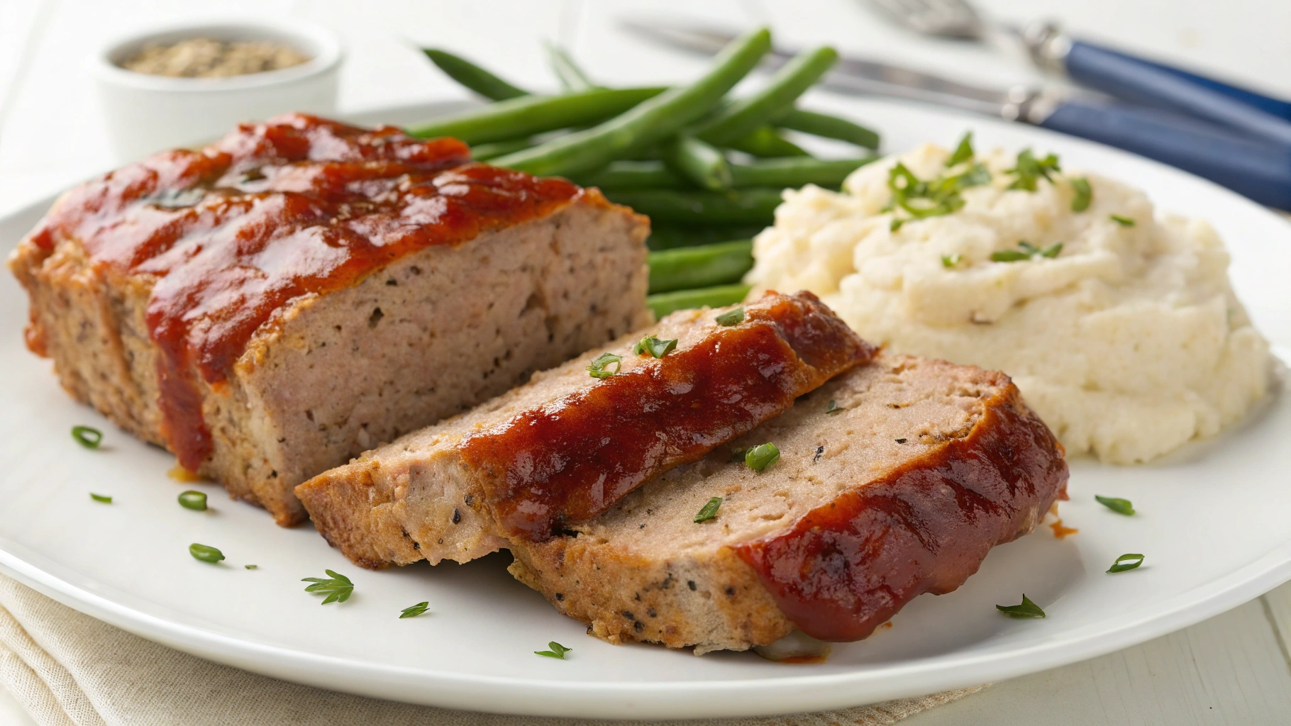 turkey meatloaf sliced into thick pieces, served on a white plate with a side of mashed potatoes and green beans. The meatloaf has a glistening ketchup glaze on top.