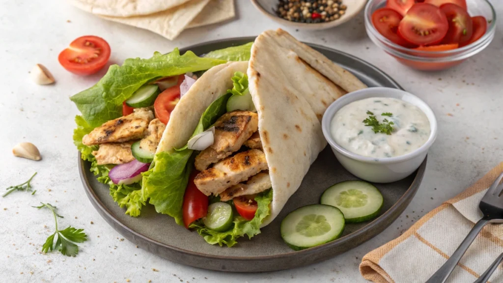 A flavorful plate of chicken shawarma with warm pita, fresh vegetables, and creamy garlic sauce, showcasing a delicious Middle Eastern dish