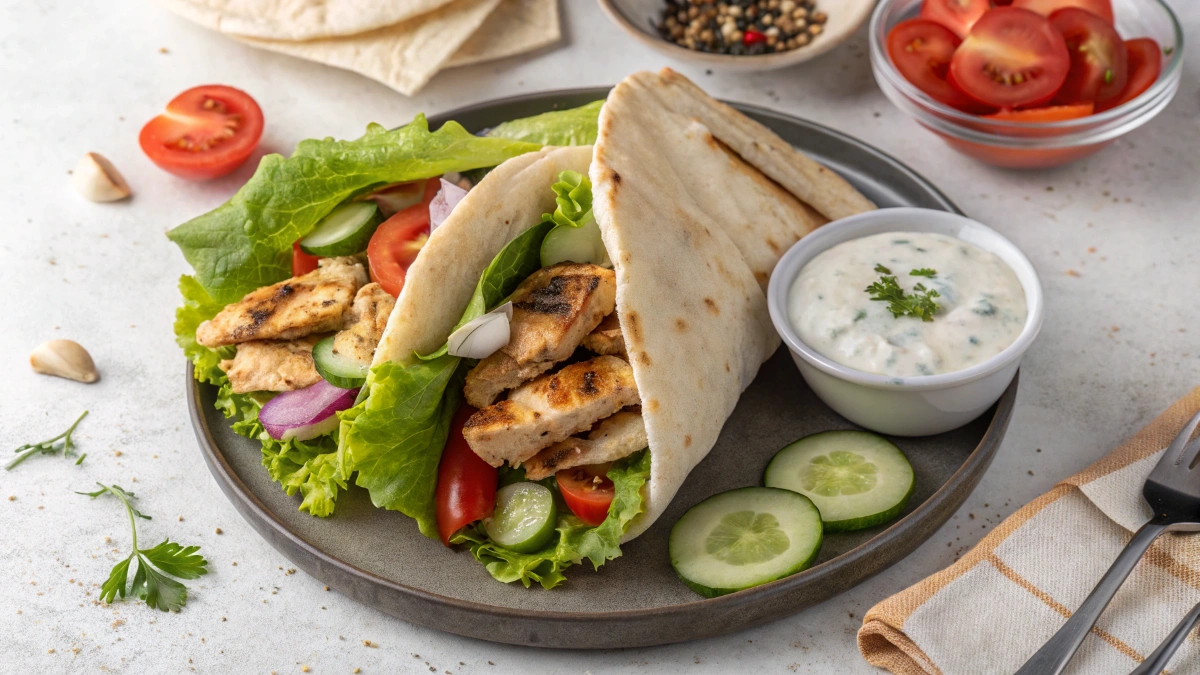 A flavorful plate of chicken shawarma with warm pita, fresh vegetables, and creamy garlic sauce, showcasing a delicious Middle Eastern dish