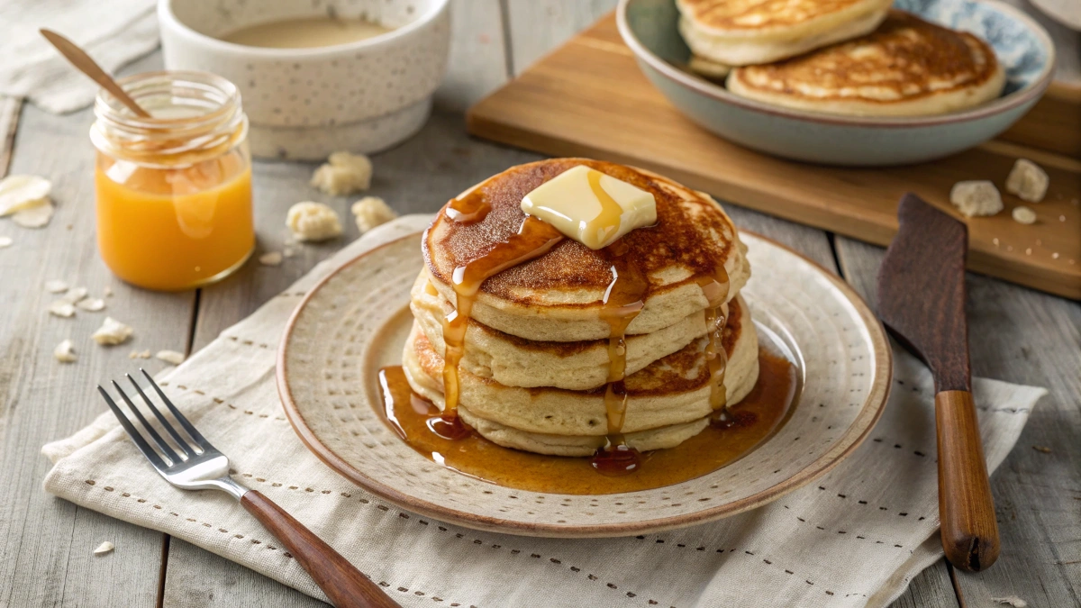 golden-brown buttermilk pancakes topped with melting butter and drizzled with maple syrup, served on a rustic breakfast table.