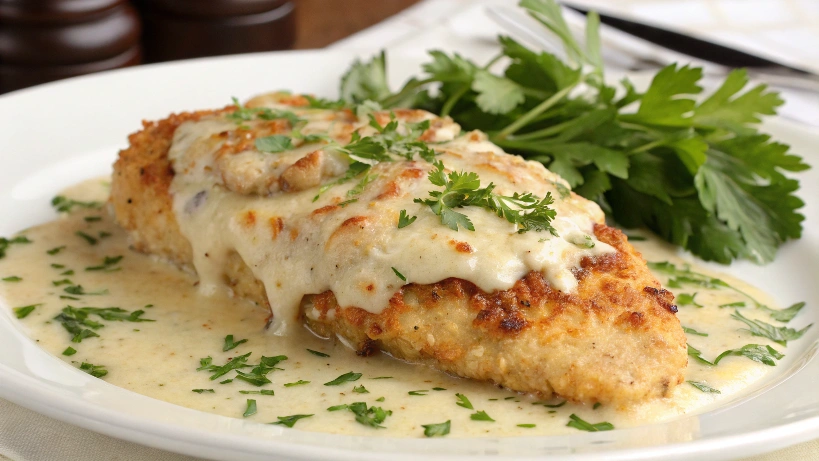 Golden, cheesy baked Caesar chicken smothered in a rich Parmesan sauce, garnished with fresh parsley for the perfect creamy and savory dish.