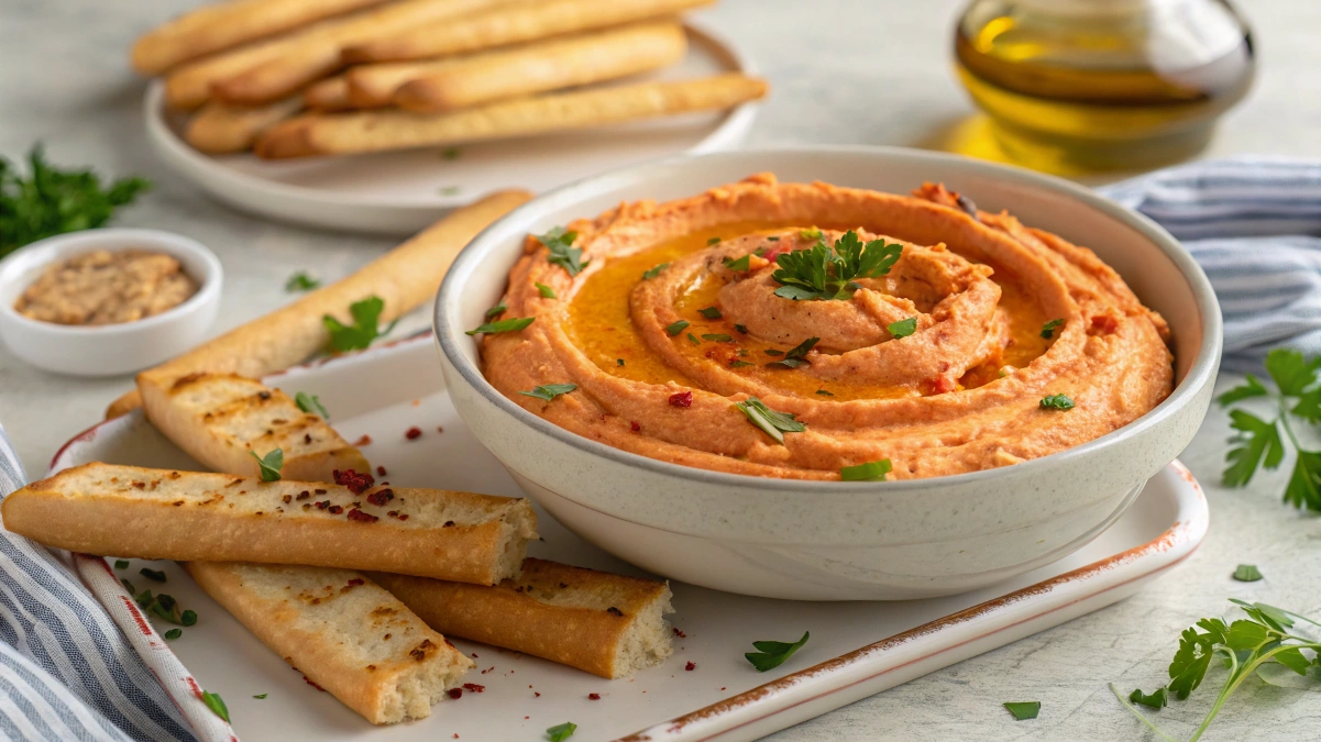 Creamy, smoky, and delicious! Learn how to make roasted red pepper hummus with crispy breadsticks for the perfect healthy snack or appetizer.