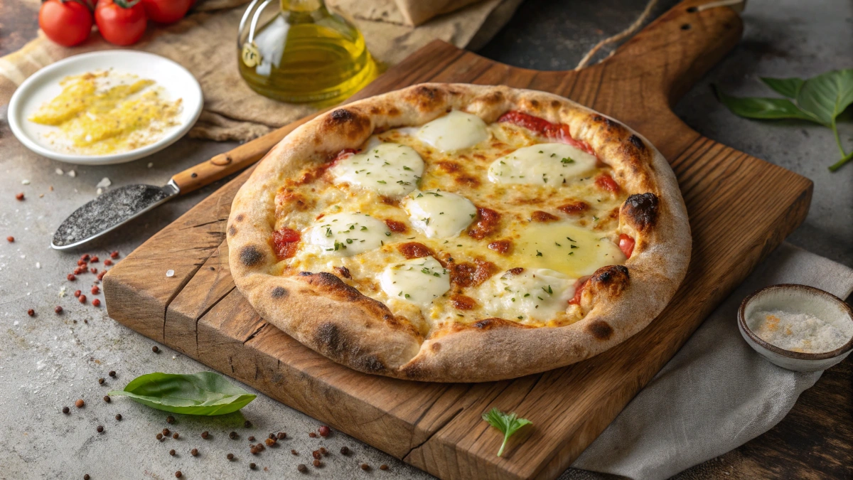 A freshly baked sourdough pizza with a golden, crispy crust, airy bubbles, and slightly charred edges, topped with melted mozzarella, fresh basil leaves, and a drizzle of olive oil, served on a rustic wooden board.