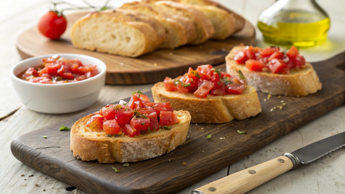 A rustic wooden platter filled with golden, crispy slices of toasted bread, each topped with a vibrant mixture of diced red tomatoes, fresh green basil, and a drizzle of rich olive oil. The bruschetta glistens under soft, natural lighting, highlighting the fresh ingredients. A small bowl of extra tomato mixture sits nearby, along with a bottle of balsamic vinegar and a bunch of fresh basil leaves. In the background, a wooden cutting board with a serrated knife and a partially sliced baguette adds to the cozy, homemade feel of the scene.