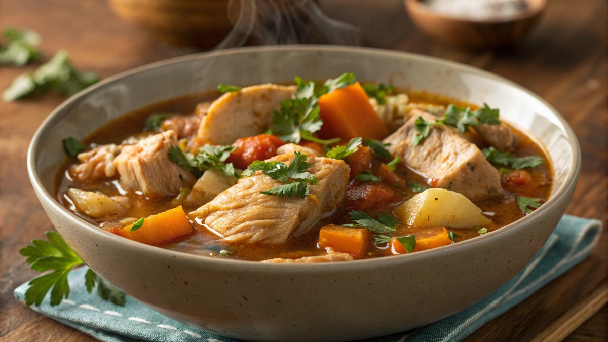 Hearty homemade chicken stew in a bowl, filled with tender chicken, vegetables, and a rich broth, garnished with fresh parsley for a comforting meal.