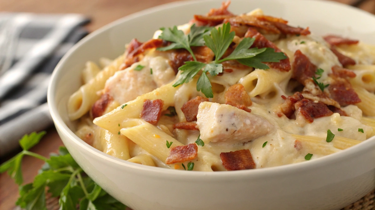 A bowl of creamy Chicken Bacon Ranch Pasta, featuring tender chicken, crispy bacon, and melted cheese, garnished with fresh parsley.