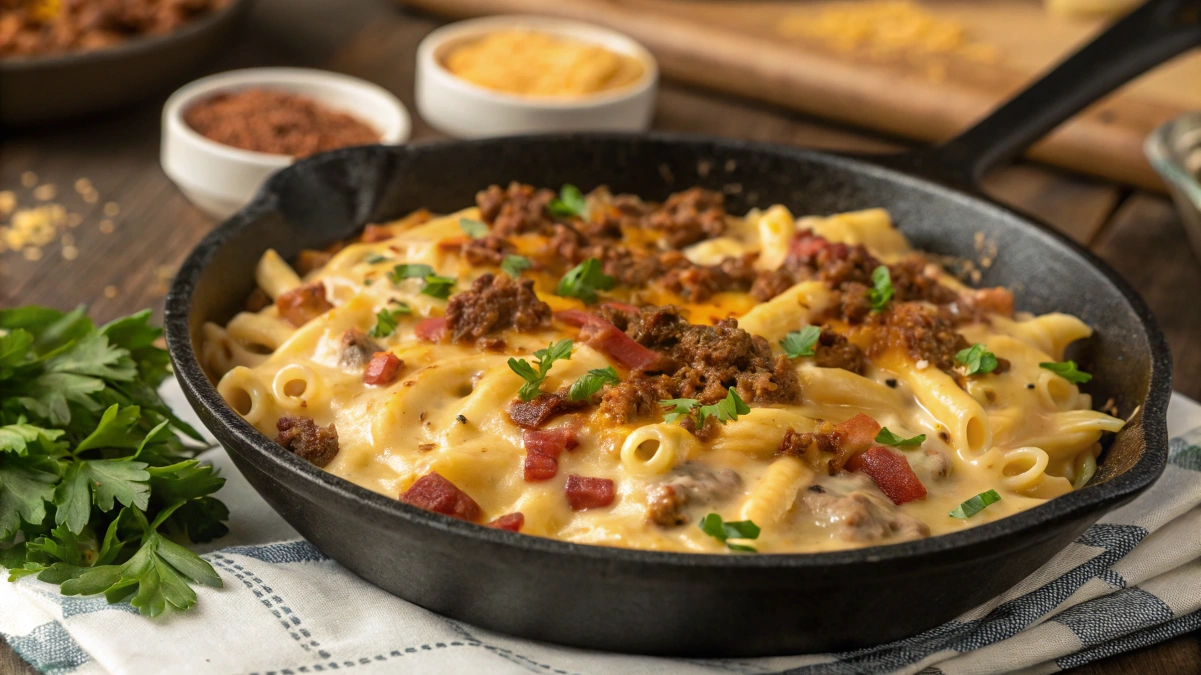 A creamy, cheesy pasta dish loaded with crispy bacon, seasoned ground beef, and melted cheddar, served in a skillet with fresh parsley garnish.