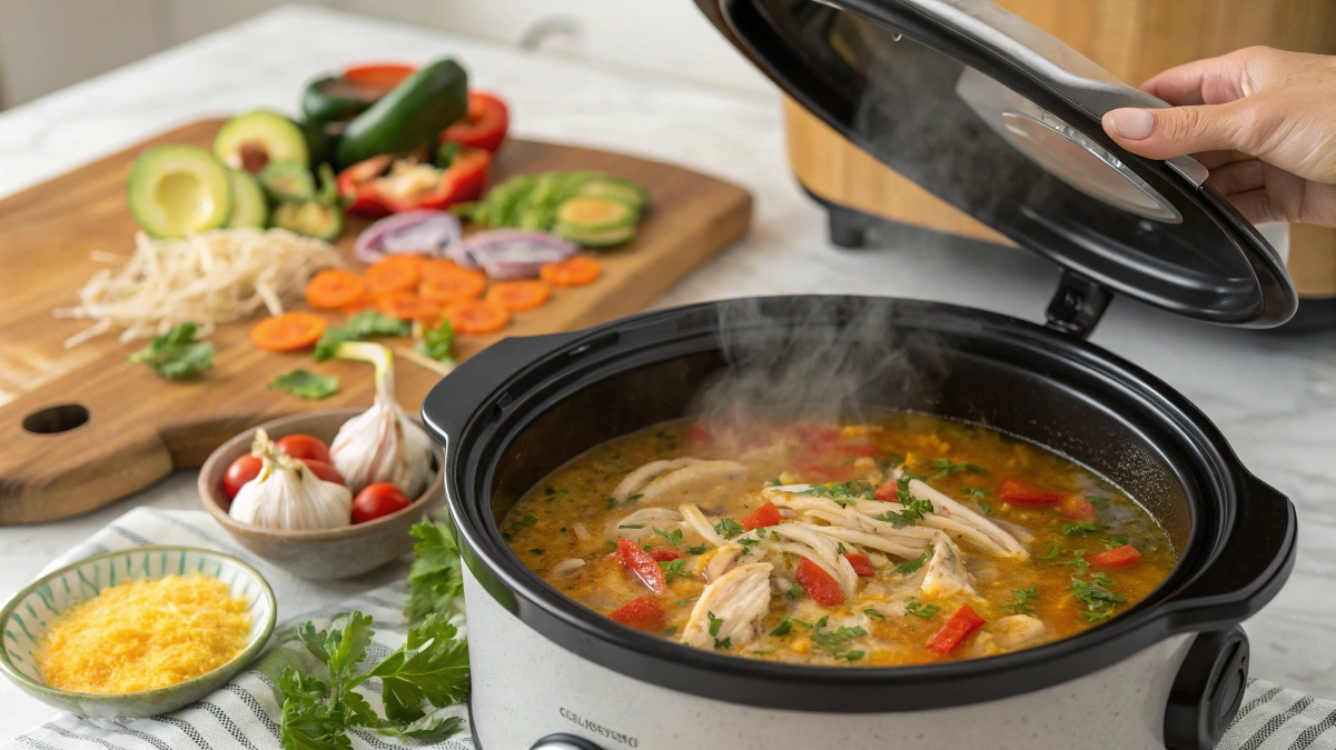 A slow cooker filled with tender, juicy chicken breasts simmering in a rich, golden broth, surrounded by fresh vegetables like carrots, bell peppers, and onions. Steam rises from the crockpot as a hand lifts the lid, revealing fall-apart shredded chicken infused with garlic and herbs. In the background, a wooden cutting board holds a freshly prepared meal prep container with slow-cooked garlic herb chicken, roasted sweet potatoes, and a side of quinoa. On the kitchen counter, a vibrant dish of slow-cooked lemon garlic chicken with fresh parsley sits next to a plate of buffalo chicken salad topped with avocado slices and cherry tomatoes. A cozy family dinner table is set with plates of healthy crockpot chicken served alongside whole-grain rice and a fresh green salad.