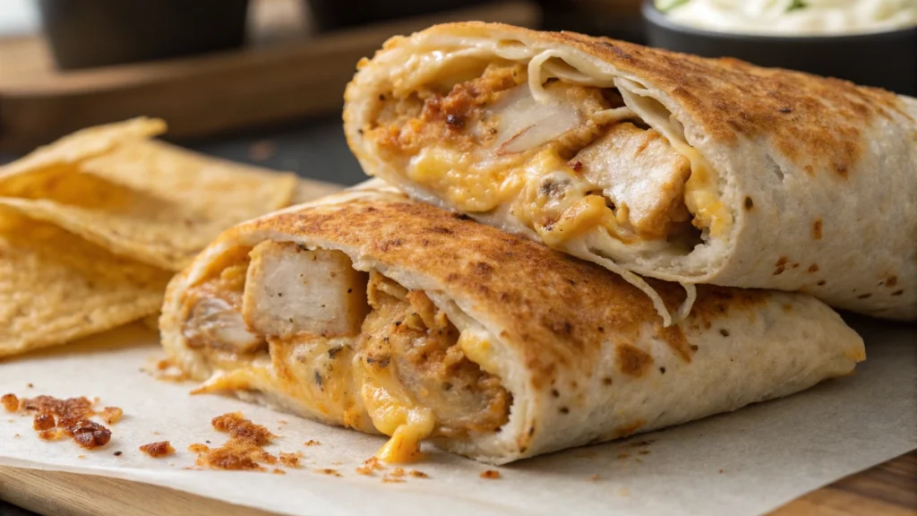 Close-up of a crispy, golden-brown cheesy garlic chicken wrap, sliced in half, revealing gooey melted cheese and seasoned chicken inside