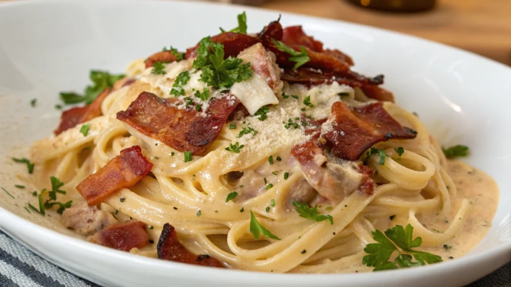 A delicious plate of creamy bacon pasta with crispy bacon pieces, coated in a rich, velvety sauce, garnished with fresh parsley and parmesan