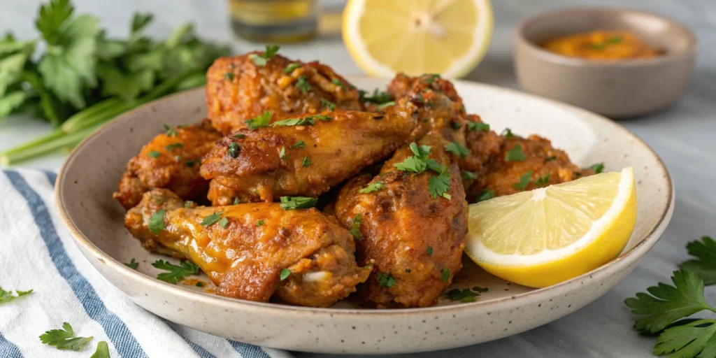 A plate of crispy Cowboy Butter Chicken Wings coated in a rich, golden butter sauce with garlic, herbs, and spices, garnished with fresh parsley and lemon wedges.