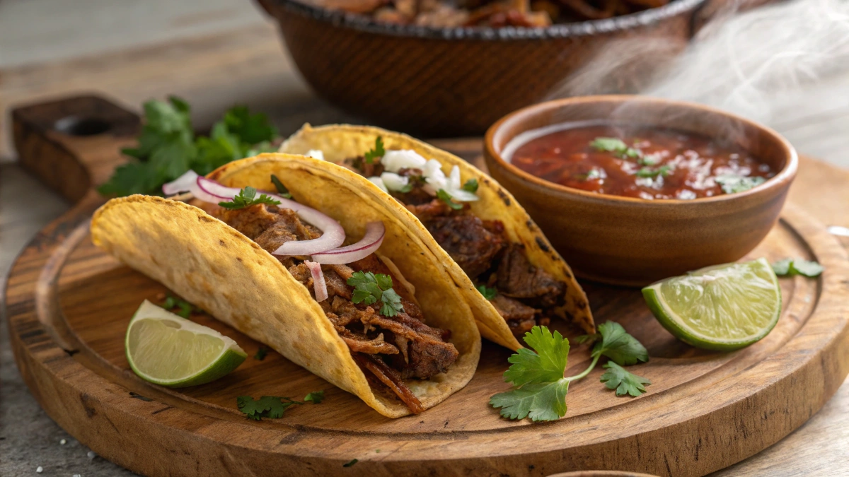 A close-up of crispy birria tacos on a rustic wooden plate, with golden-brown corn tortillas filled with tender, shredded beef and melted cheese. The tacos are slightly folded, revealing juicy, slow-cooked meat inside. A small bowl of rich, red consommé with chopped cilantro and onions sits beside the tacos, perfect for dipping. Lime wedges and fresh cilantro leaves are scattered around for garnish. Steam rises gently, emphasizing the warmth and freshness of the dish. The background features a cozy kitchen setting with a slow cooker partially visible, hinting at the cooking process.