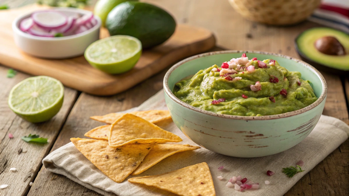 A bowl of freshly made guacamole sits on a rustic wooden table. The guacamole is bright green, creamy, and slightly chunky, garnished with a sprinkle of finely chopped red onions. Surrounding the bowl are crispy tortilla chips, lime wedges, and a halved avocado with its seed still intact. The background features a blurred kitchen setting with warm, natural lighting, emphasizing the freshness of the ingredients