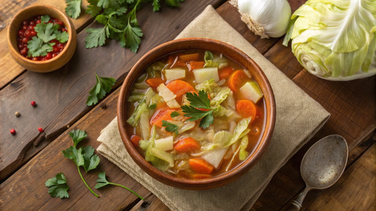 "A bowl of steaming cabbage soup with chopped cabbage, carrots, celery, and tomatoes in a rich broth, garnished with fresh parsley, served on a rustic wooden table.