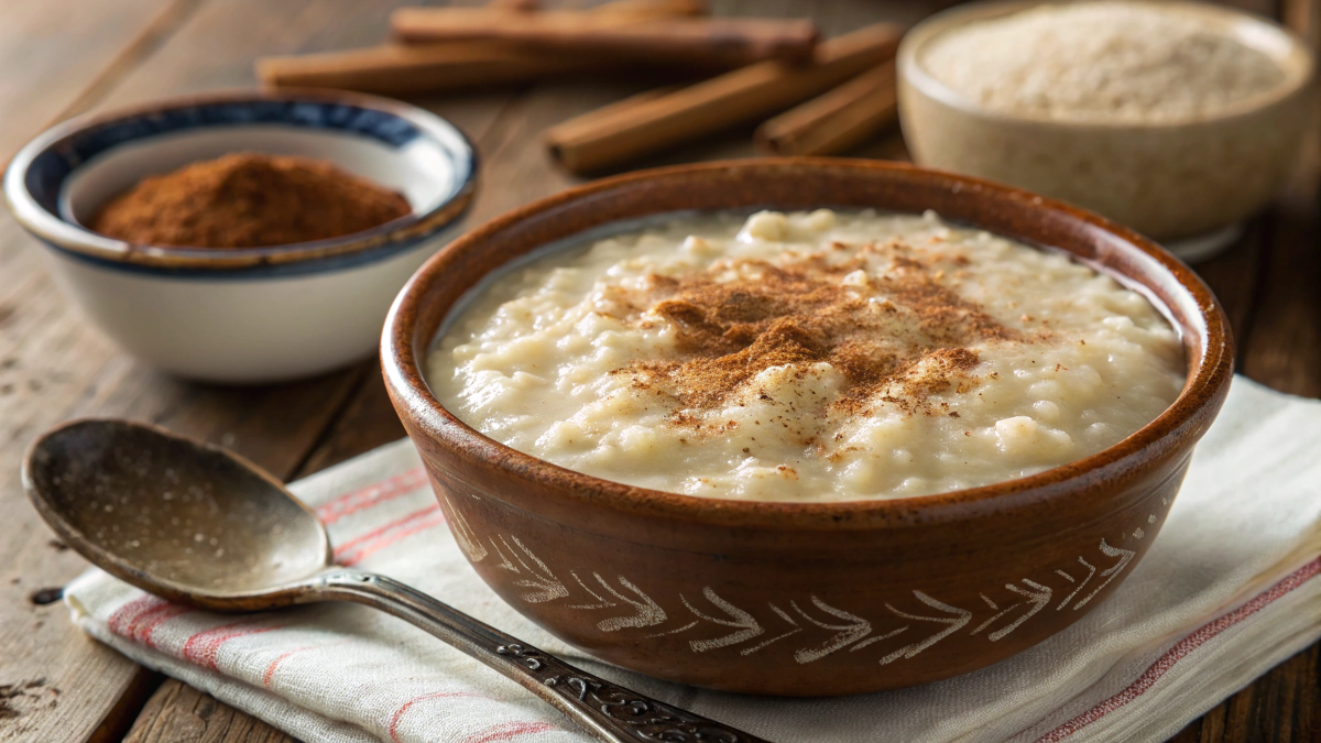 A close-up of a bowl of Arroz con Leche, a creamy rice pudding dessert, served in a rustic ceramic bowl. The pudding has a thick, smooth texture with visible grains of rice, topped with a dusting of cinnamon and a cinnamon stick resting on the side. The bowl sits on a wooden table with a spoon next to it, and a small dish of extra cinnamon powder in the background. Warm lighting enhances the comforting and homemade feel of the dish.