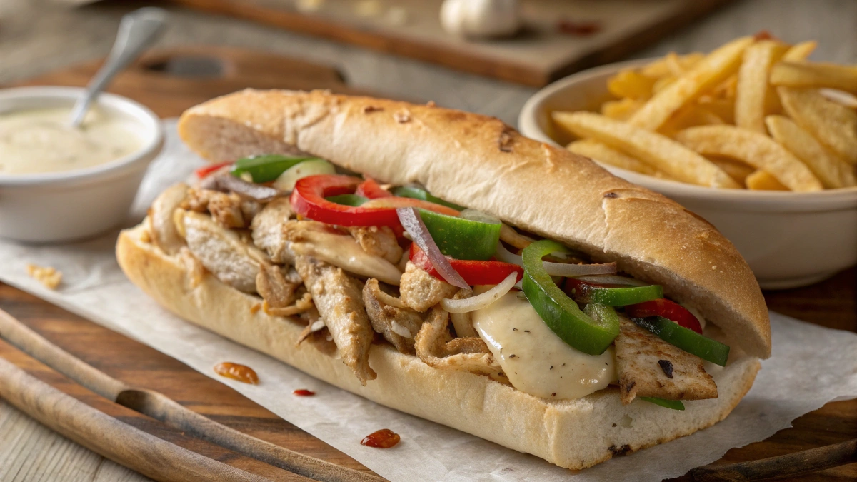 A close-up of a freshly made Chicken Philly Cheesesteak sandwich, overflowing with tender, thinly sliced chicken, sautéed onions, and vibrant green and red bell peppers. The melted provolone cheese drapes over the filling, creating a gooey, irresistible texture. The sandwich is served in a lightly toasted hoagie roll with a golden-brown crust. In the background, crispy golden fries and a small dish of garlic aioli sit on a rustic wooden table. Soft lighting enhances the steam rising from the sandwich, making it look fresh and mouthwatering.