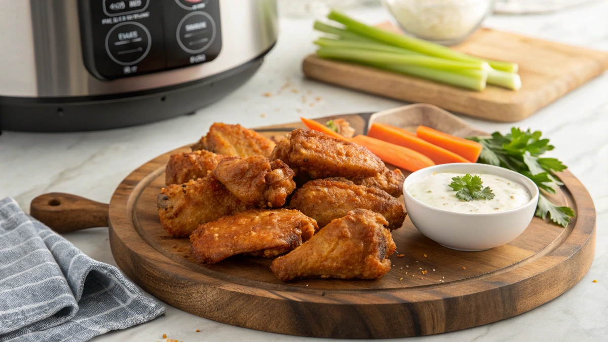 A plate of crispy, golden-brown chicken wings freshly cooked in an air fryer, arranged neatly on a rustic wooden serving board. The wings are coated with a light glaze of buffalo sauce, giving them a slightly glossy sheen. Beside the wings, there is a small bowl of creamy ranch dressing with a few sprigs of fresh parsley for garnish. A side of crunchy celery and carrot sticks adds a pop of color. In the background, a modern air fryer sits on a kitchen counter, slightly out of focus, with warm lighting creating a cozy and inviting atmosphere