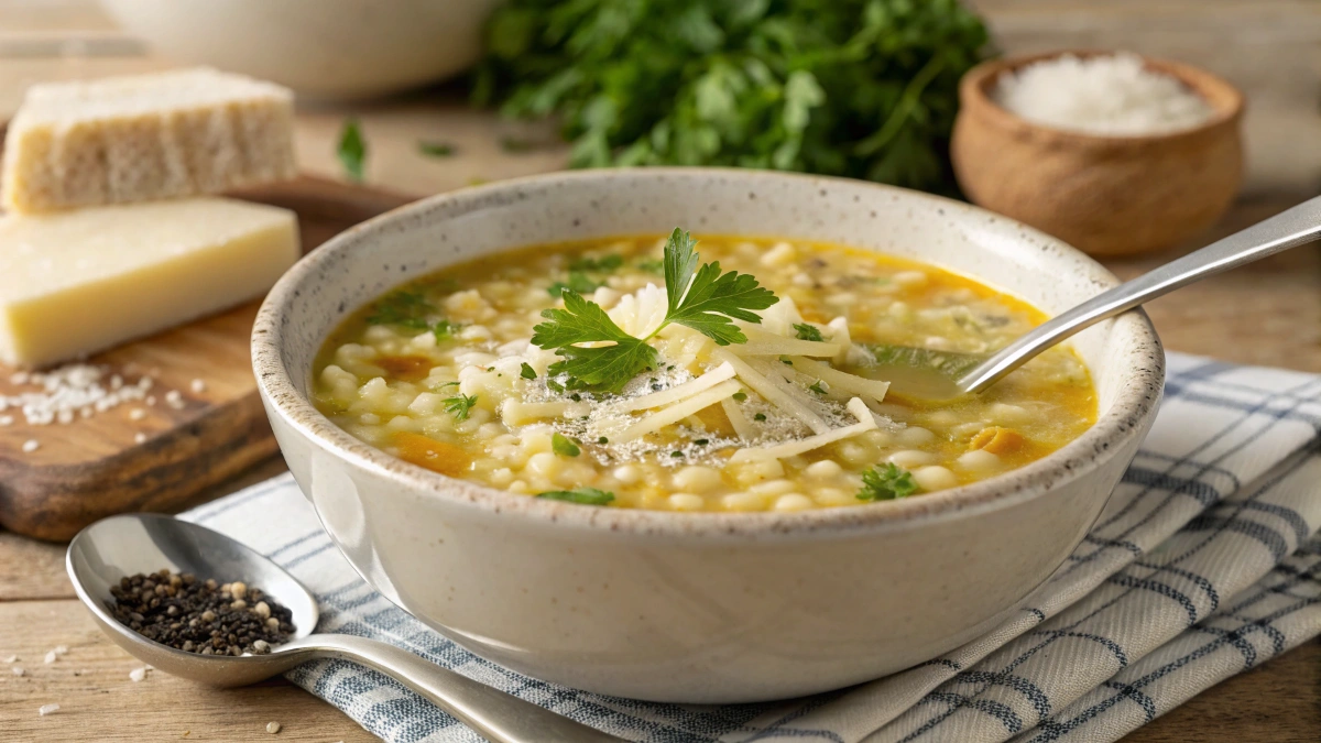 A steaming bowl of pastina soup served in a rustic, white ceramic bowl. The tiny star-shaped pasta is floating in a golden, rich broth, garnished with freshly grated Parmesan cheese and finely chopped parsley. A silver spoon rests inside the bowl, with a sprinkle of black pepper on the surface. The background features a cozy wooden table with a checkered cloth, a wedge of Parmesan, and a sprig of fresh herbs nearby, creating a warm and inviting atmosphere.