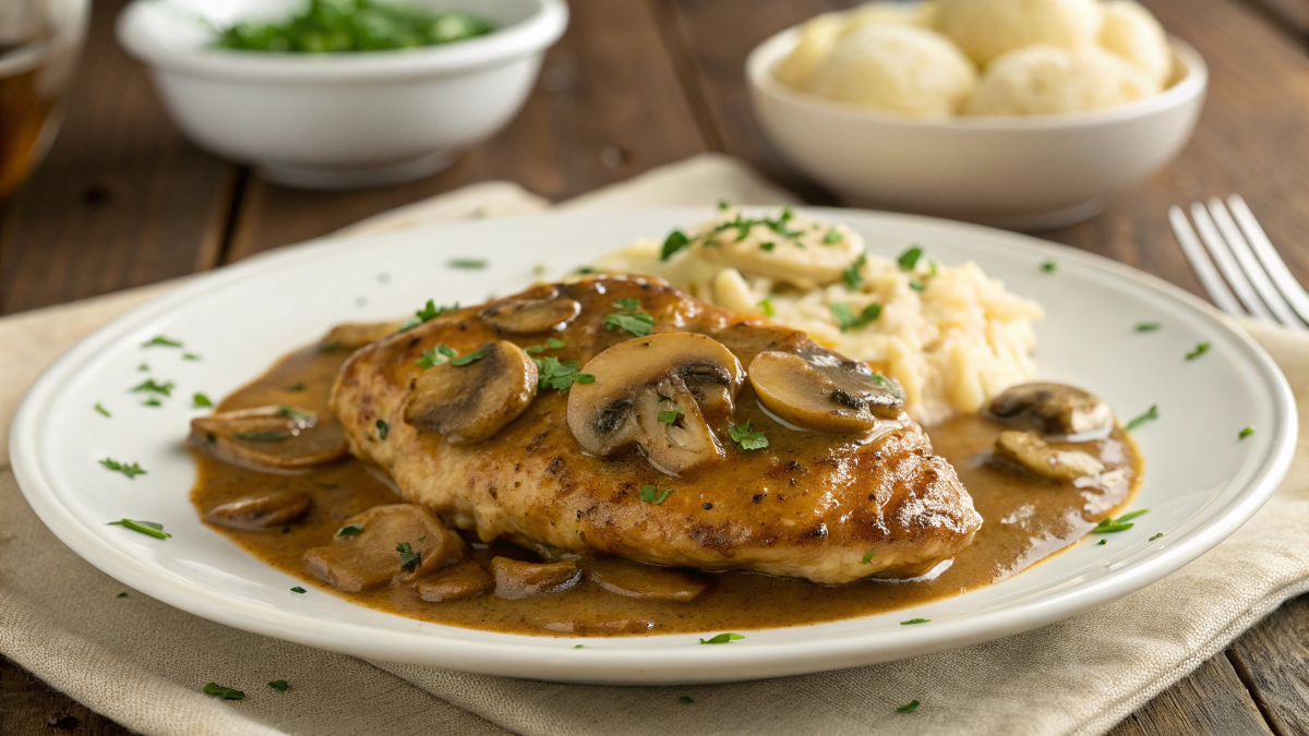 A beautifully plated Chicken Marsala dish served on a white ceramic plate. The dish features golden-brown, pan-seared chicken breasts coated in a rich, creamy Marsala wine sauce with sliced mushrooms. The sauce has a glossy, velvety texture, pooling slightly around the chicken. Freshly chopped parsley is sprinkled on top for a pop of color. The plate is placed on a rustic wooden table with a beige linen napkin beside it. In the background, a small bowl of mashed potatoes and a glass of white wine are slightly blurred, adding to the elegant and inviting presentation.