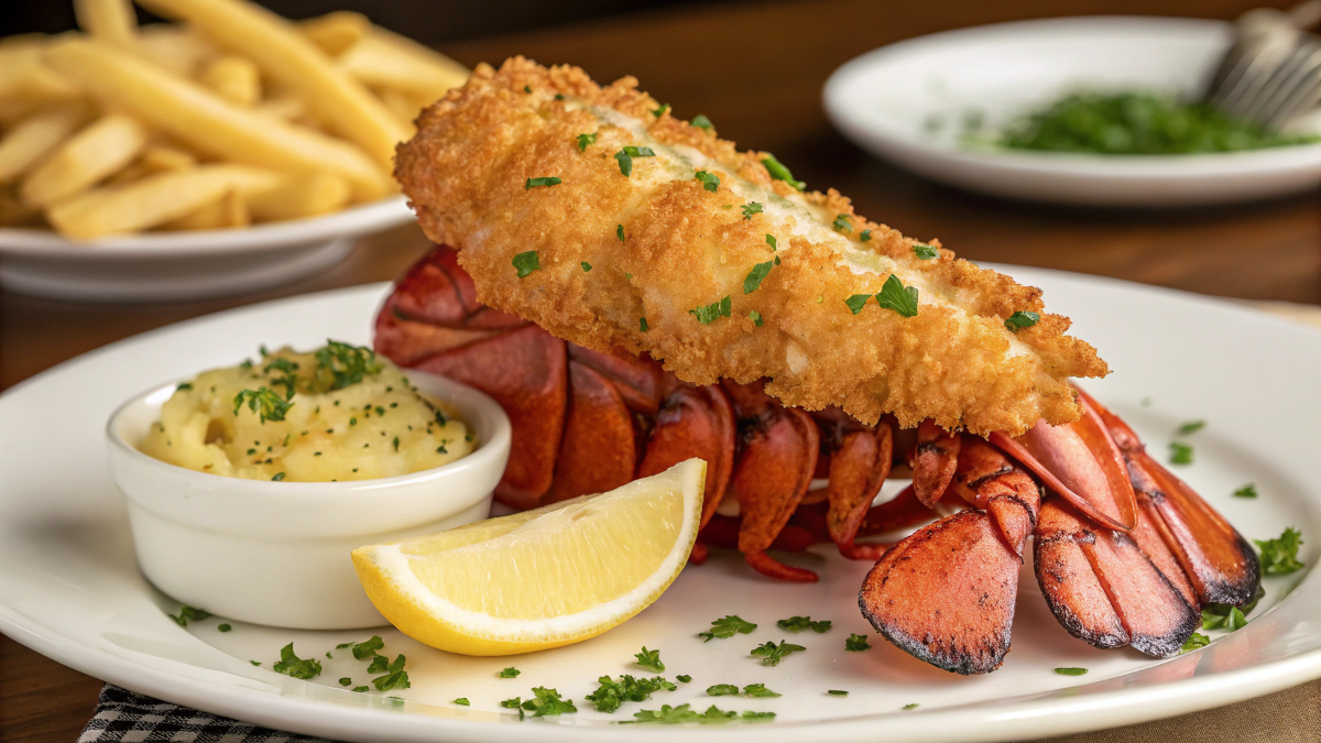 A beautifully plated fried lobster tail with a golden, crispy crust, resting on a white plate. The lobster tail is butterflied, with the bright red shell slightly visible beneath the crunchy batter. Fresh parsley is sprinkled on top for garnish, and a wedge of lemon is placed beside it. A small bowl of melted butter with garlic and herbs is next to the plate, along with a side of crispy sweet potato fries. The background is softly blurred, with warm lighting enhancing the rich, golden hues of the fried lobster