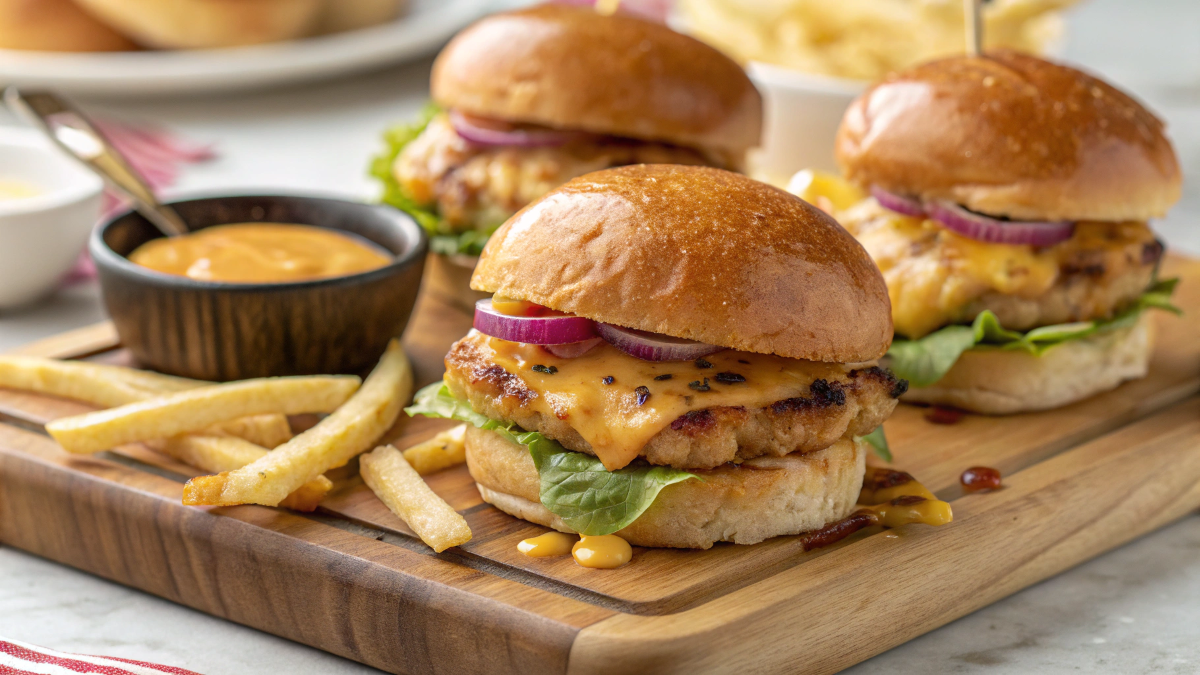 A close-up shot of freshly made chicken sliders on a wooden serving board. The sliders have golden-brown, toasted brioche buns brushed with melted butter. Juicy, seasoned grilled chicken is layered with melted cheddar cheese, crisp lettuce, thinly sliced red onions, and a drizzle of creamy sauce. A few crispy fries and a small cup of dipping sauce are placed on the side. The background is slightly blurred, with warm lighting enhancing the appetizing details of the meal