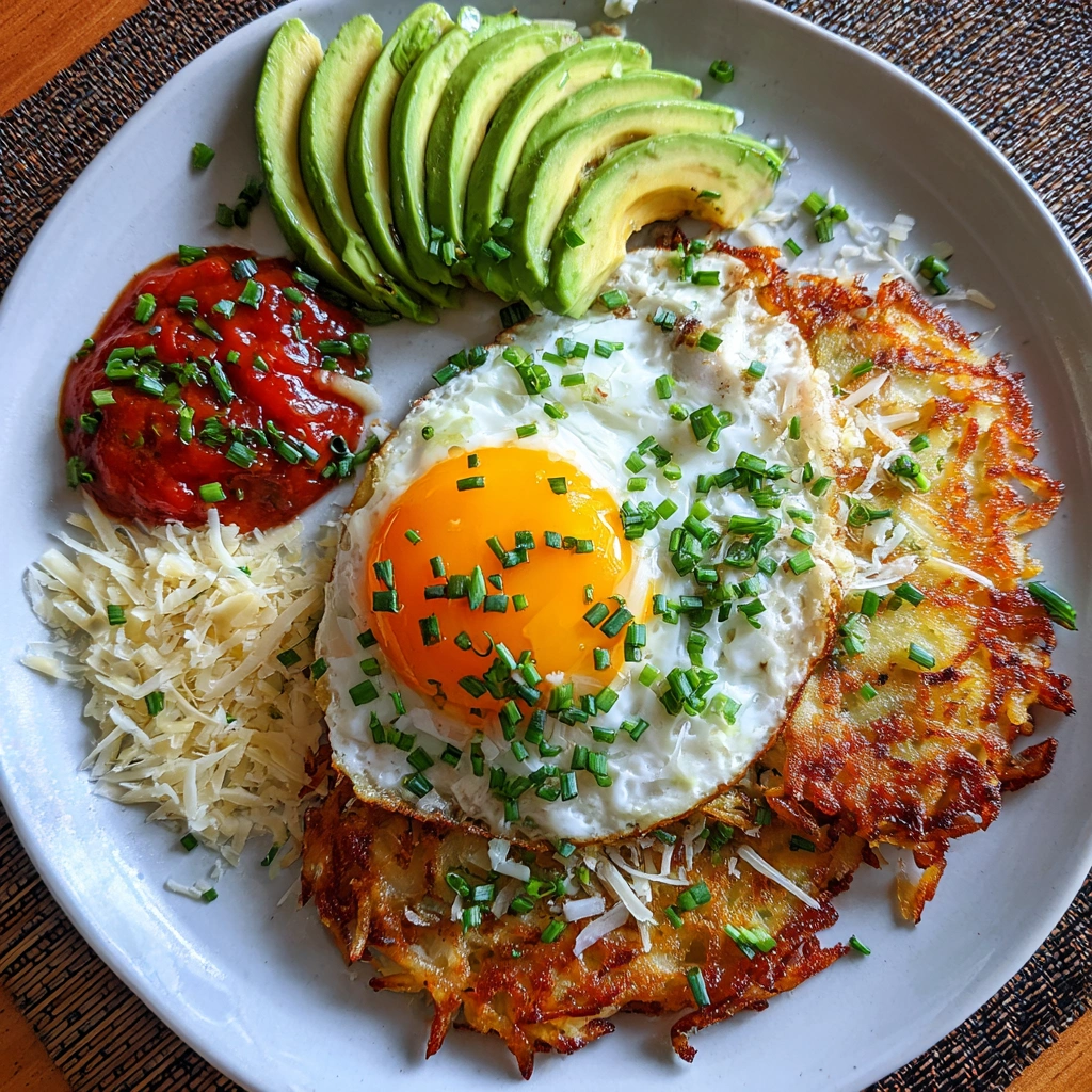 air fryer hash browns with fried egg avocado and cheese