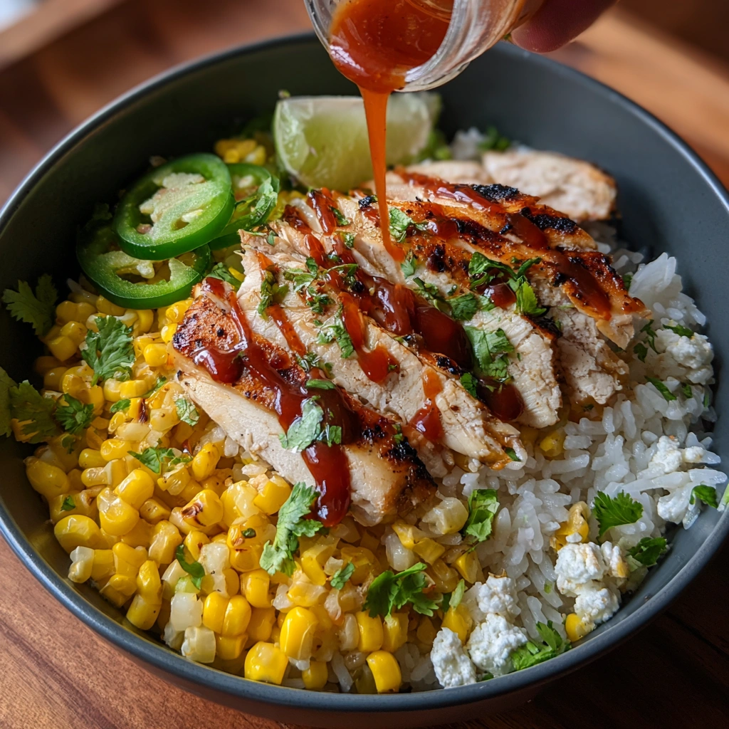 assembling street corn chicken rice bowl with creamy elote sauce